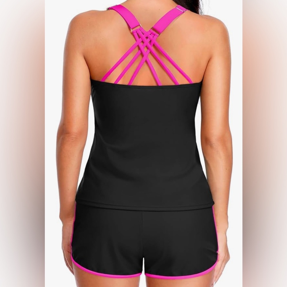 Black and Pink Athletic Look Swim Tank and Short Set, Large - Picture 4 of 4